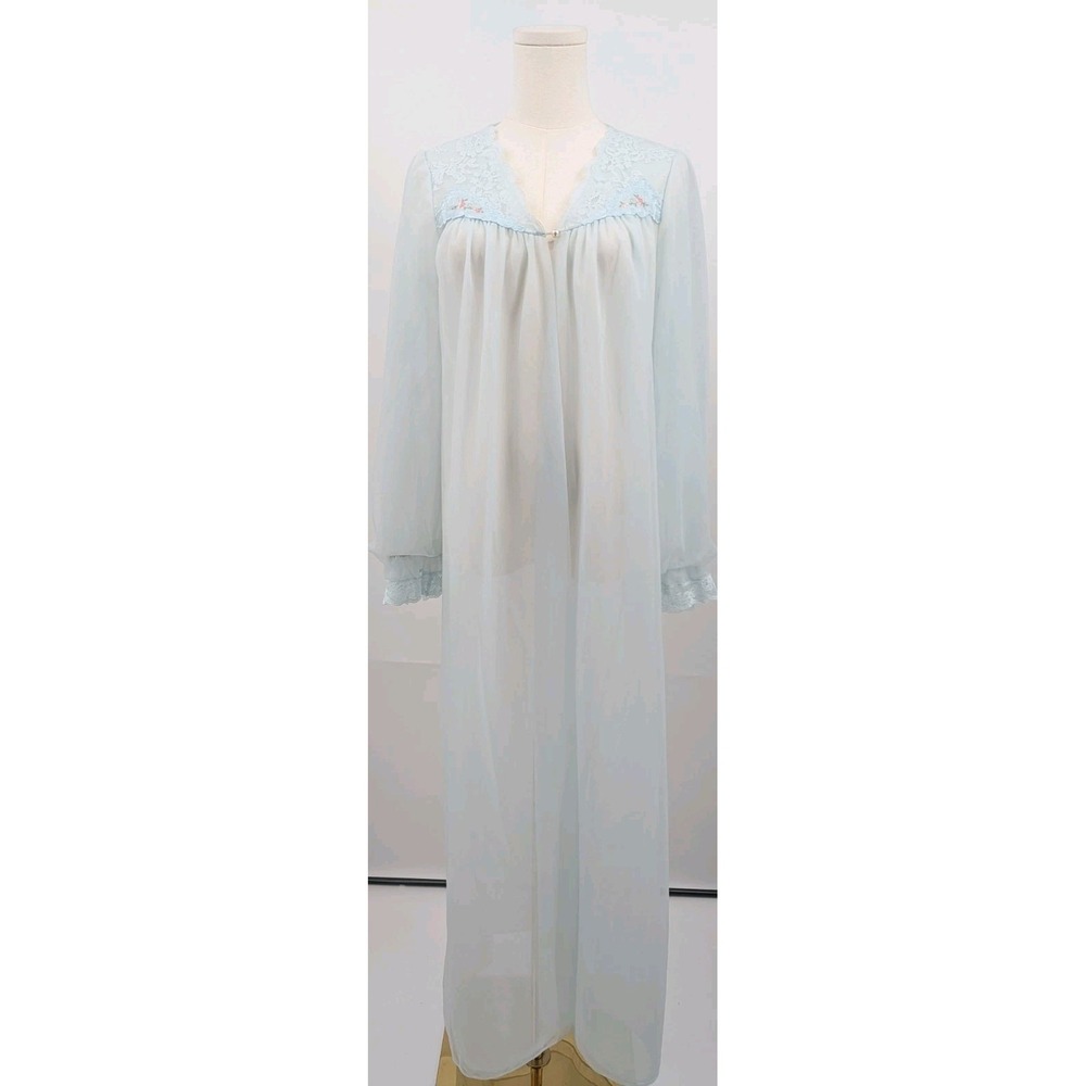 Vintage Shadow Line Sheer Peignoir Robe Nylon Blue Lace Petite Coquette Romantic